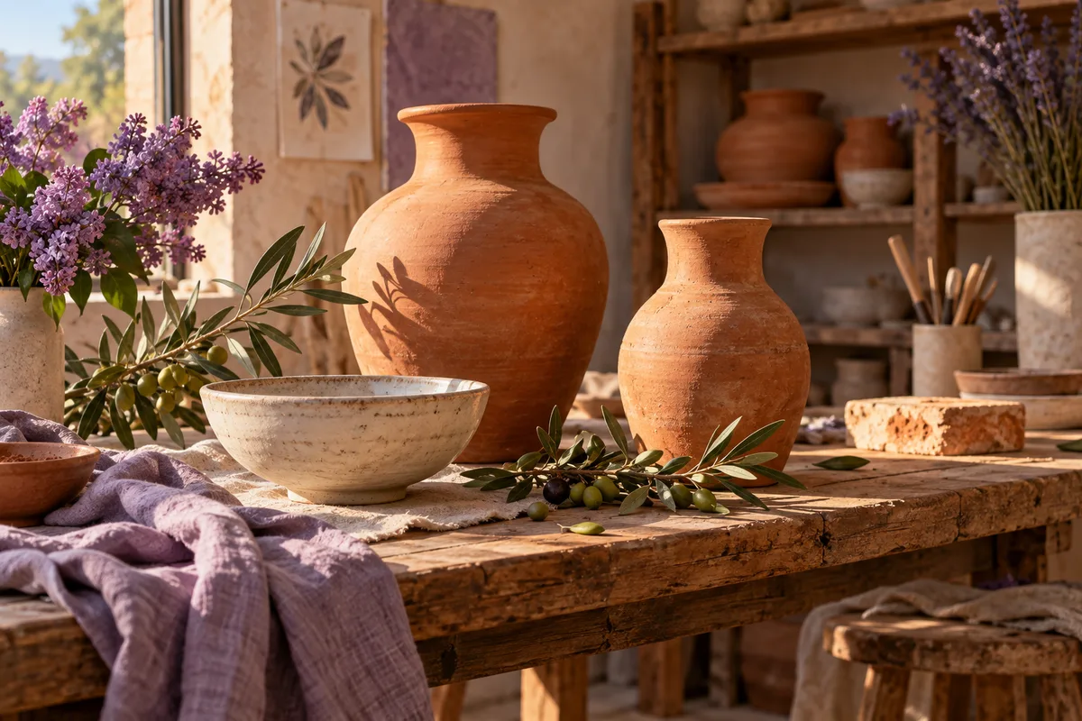 Handmade ceramic vases and bowls in a sunlit studio
