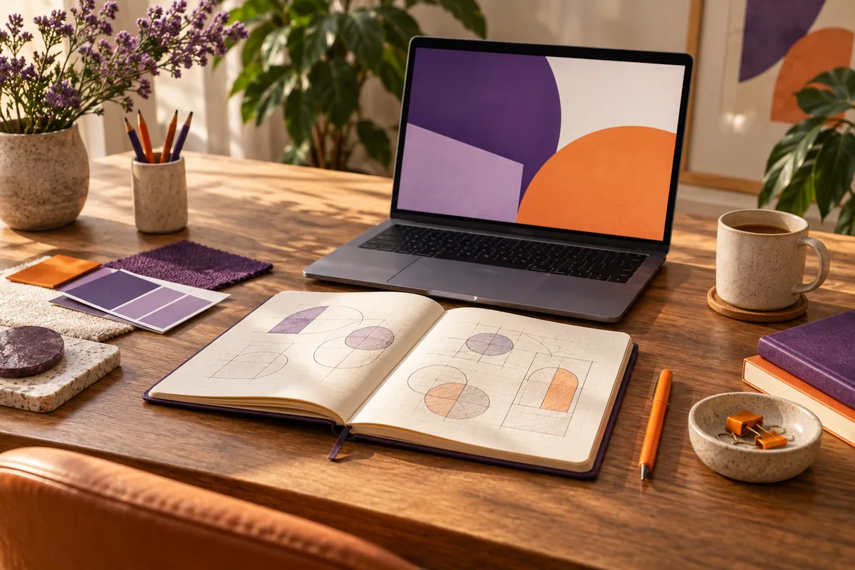 A creative consultant’s workspace with a laptop and planning materials