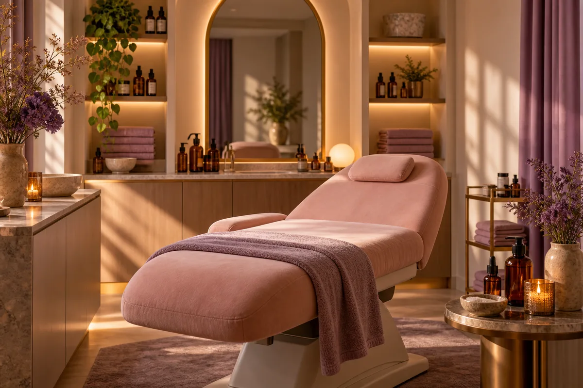 A welcoming beauty salon with a treatment chair and skincare products