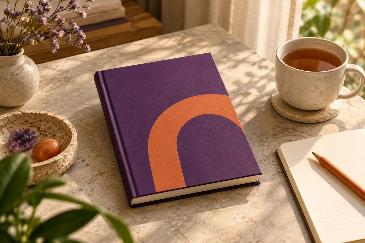 A purple guidebook beside a notebook and a cup of tea