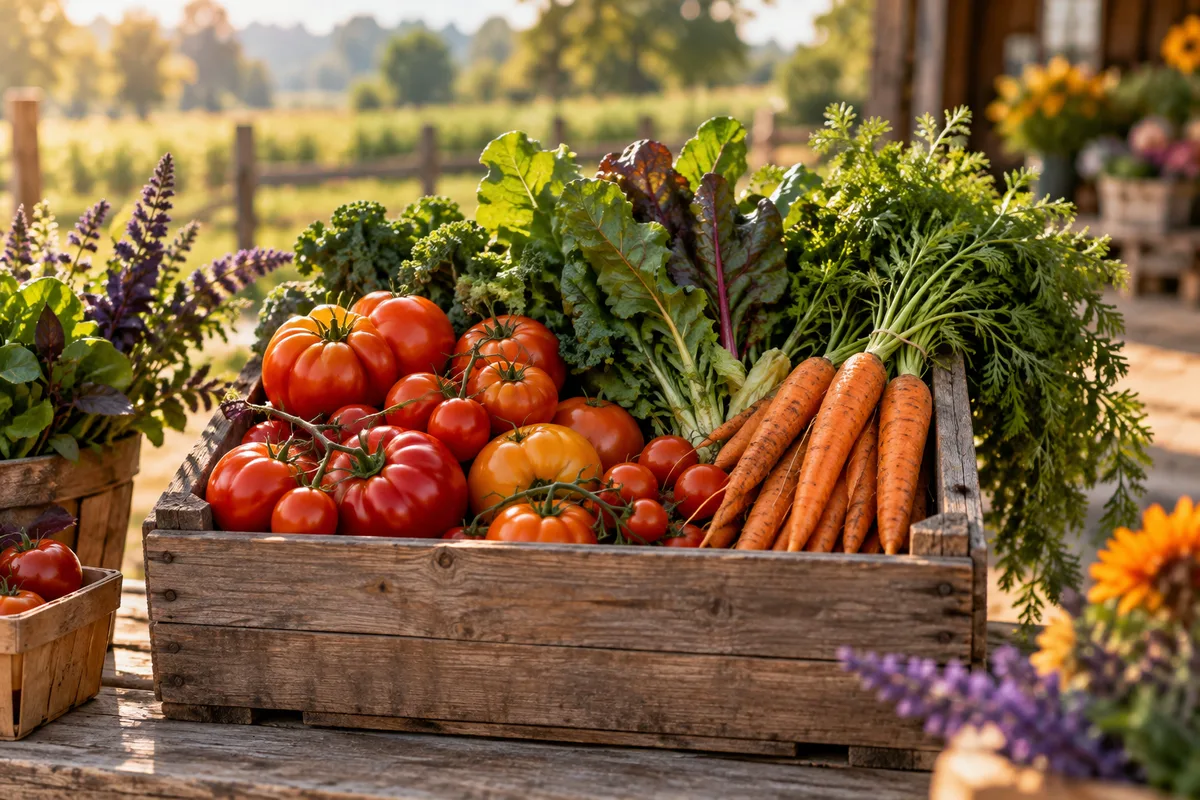 Fresh seasonal vegetables in a wooden farm crate