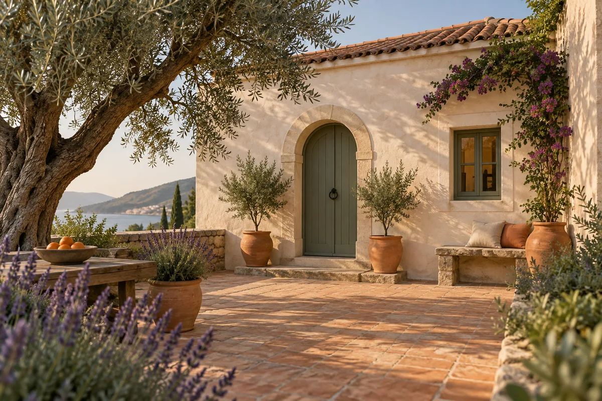 A cream-colored home with an arched entrance and olive trees